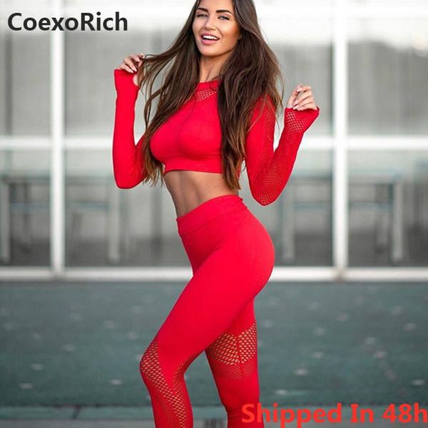 

yoga outfits set women fitness gym clothing sport suit seamless hollow out long sleeve crop high waist workout leggings sportwear, White;red