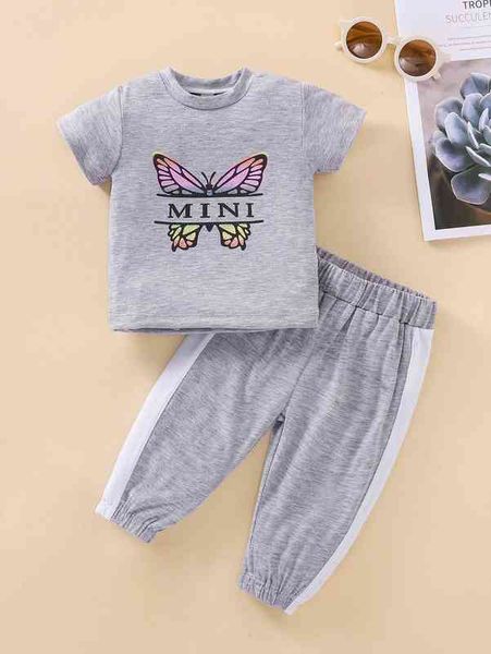 

baby butterfly & letter graphic tee & contrast side seam sweatpants she, Blue