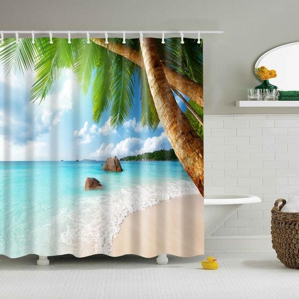 

blue sea landscape beach coconut tree shower curtain ocean scenery pattern waterproof polyester cloth bathroom decor accessories