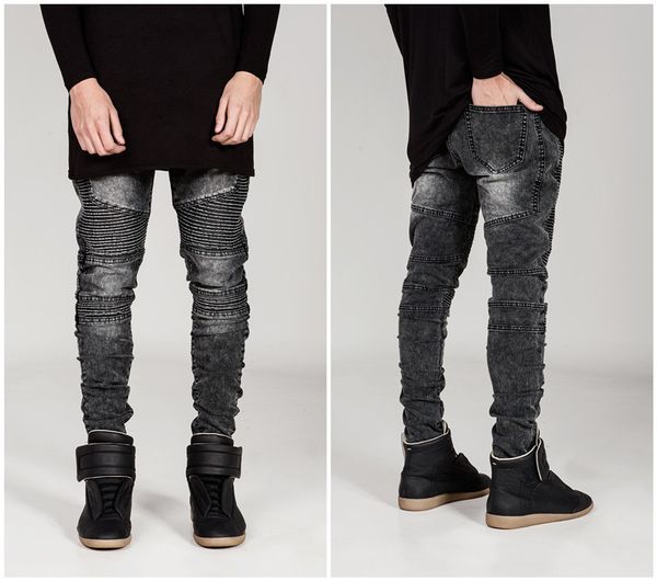

2021 mens distressed denim joggers men's bikerjeans ripped jeans tide brand locomotive men's personality wrinkle slim pants fashio, Blue