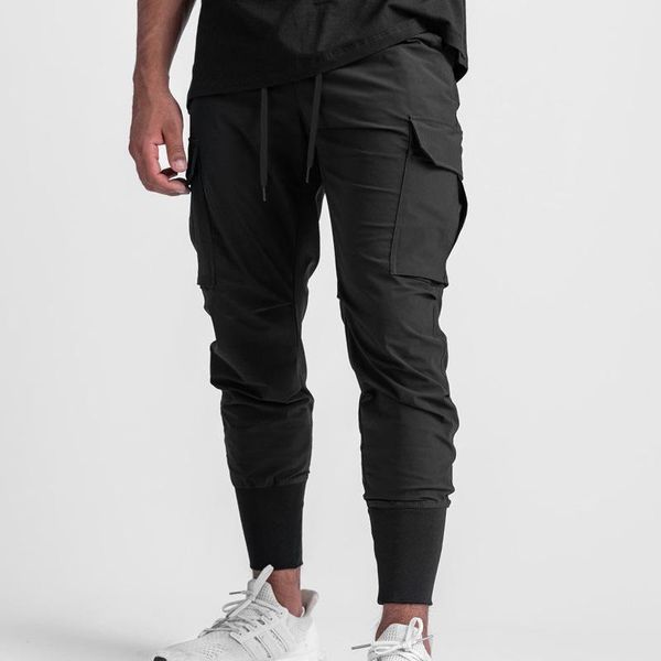 

men's pants 2021 fall casual trend loose straight slim ice silk drawstring cargo, Black