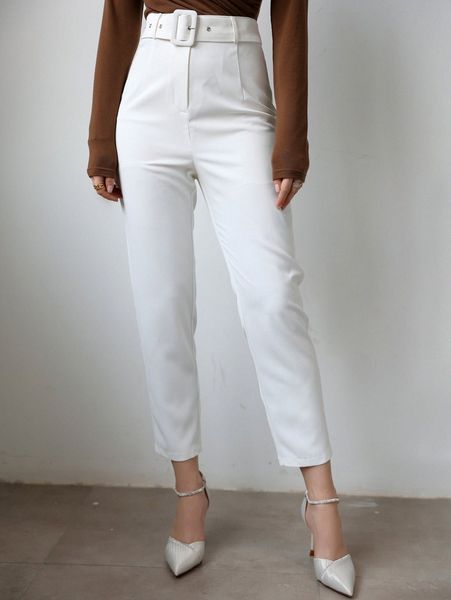 

solid belted carrot pants d9nz#, Black;white