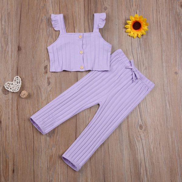 

clothing sets girl's two piece set summer 2021, children's ribbed knit vest solid color flying sleeve elastic waistband trousers, White