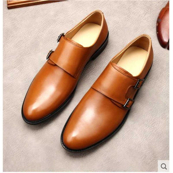 

dress shoes business man, leather pointed double buckle british men's shoes, office european and american style, Black