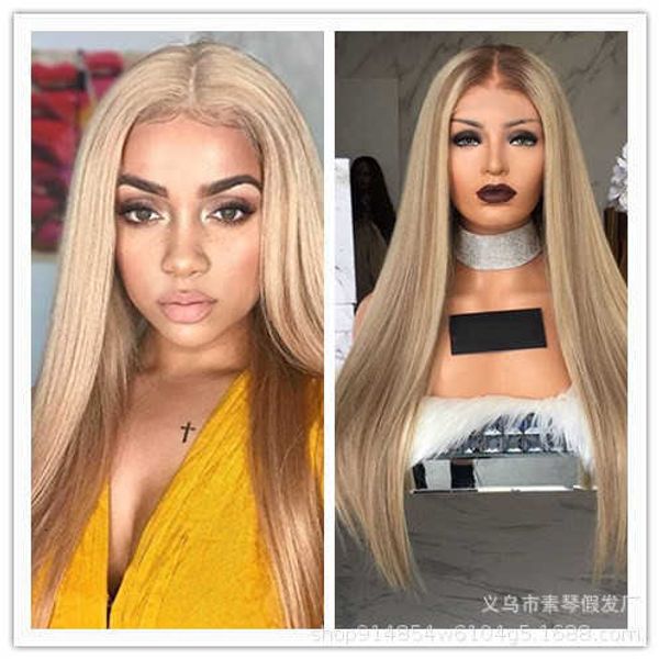 

dyed headgear golden gradient wig with scalp and large wav, Black