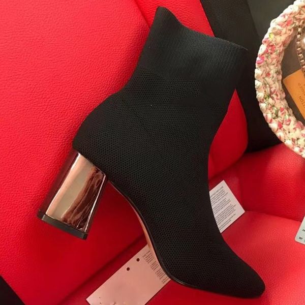 

womens high heeled socks boots fall winter fashion designer electroplating square heel flying knit elastic ankle booties, Black