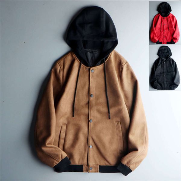 

thick back embroidered letters men's autumn and winter hooded deerskin jacket short korean casual slim fit coat ing, Black;brown
