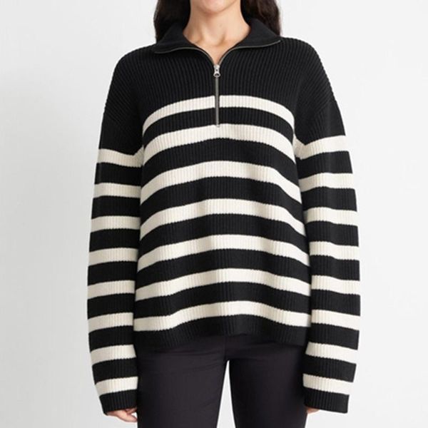 

women's sweaters autumn winter 2021 women half zipper sweater long sleeve simple loose warm female striped pattern jumpers, White;black