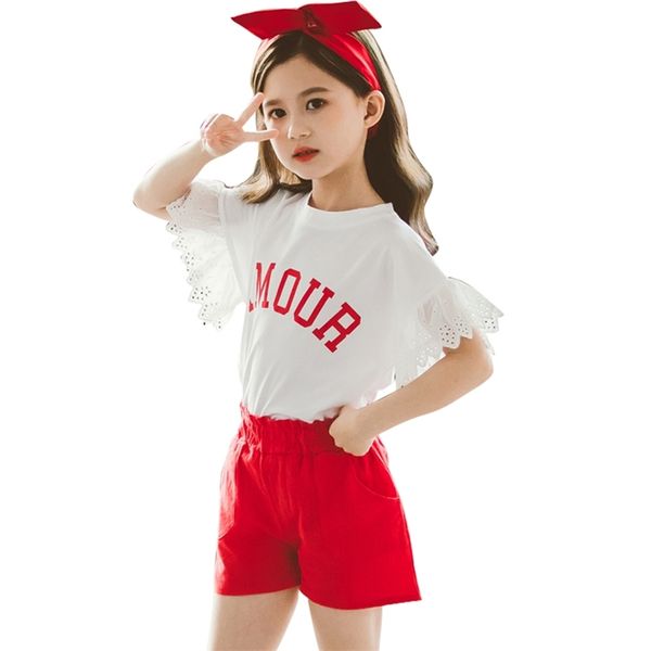 

girls summer clothes letter tshirt suit for lace sleeve big casual style children's 210527, White