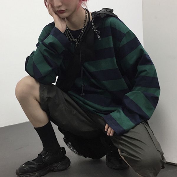 

men's t-shirts big striped sweater harajuku, long sleeve female sweater, vintage turtleneck, round shirt, casual loose autumn to couple, White;black