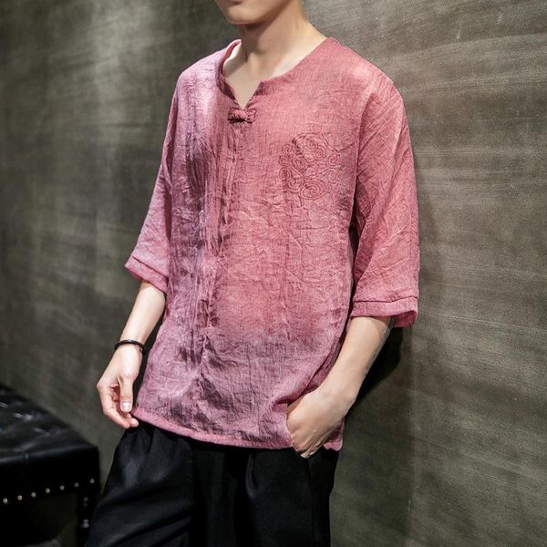 

men's t-shirts selling product in 2021 summer chinese style imitation linen v-neck print light short-sleeved t-shirt clothing, White;black