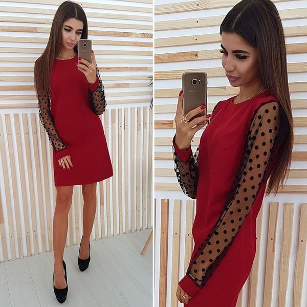 

women dress black round neck mesh sleeve polka dot patchwork summer party casual dresses, Black;gray
