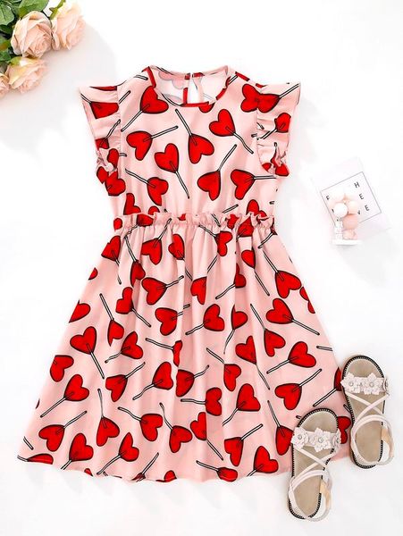

girls heart print ruffle trim dress she, Red;yellow