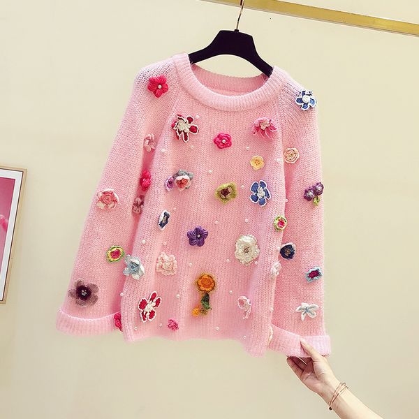 

embroidery with artisanal beads flower seams around the neck enlarged female sweater sleeves 2021 autumn and winter new mesh dm0f, White;black