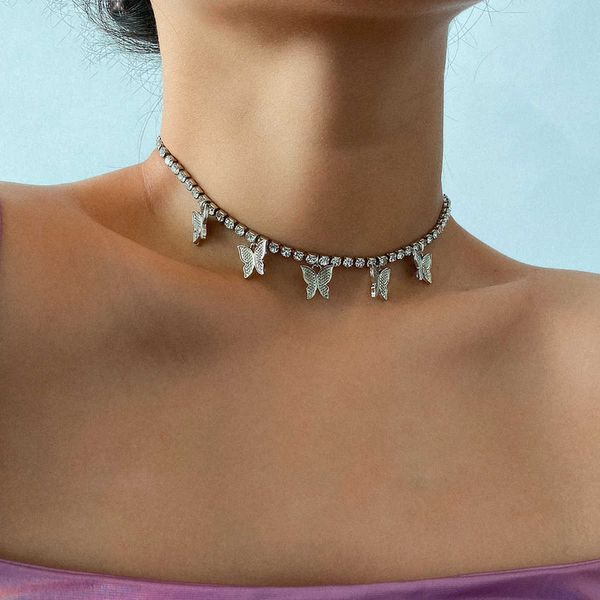

jewelry personality geometry single-layer three-dimensional temperament diamond butterfly tassel necklace, Silver