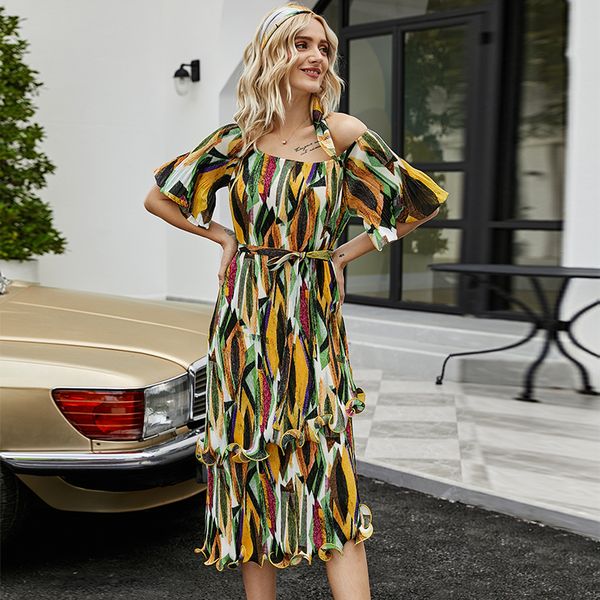 

2021 spring summer new pleated beach style clothes asymmetrical strapless flare sleeve with scarf 5439 y0j0, Black;gray