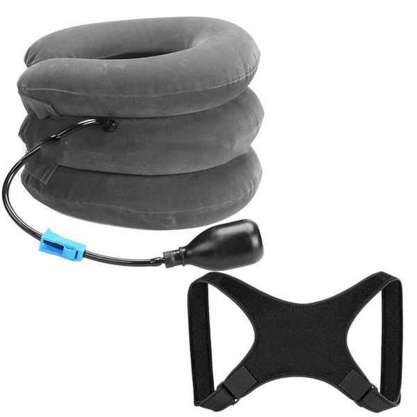 

perfect posture corrector back correction & three layers cervical traction apparatus inflatable neck guard, Black;blue