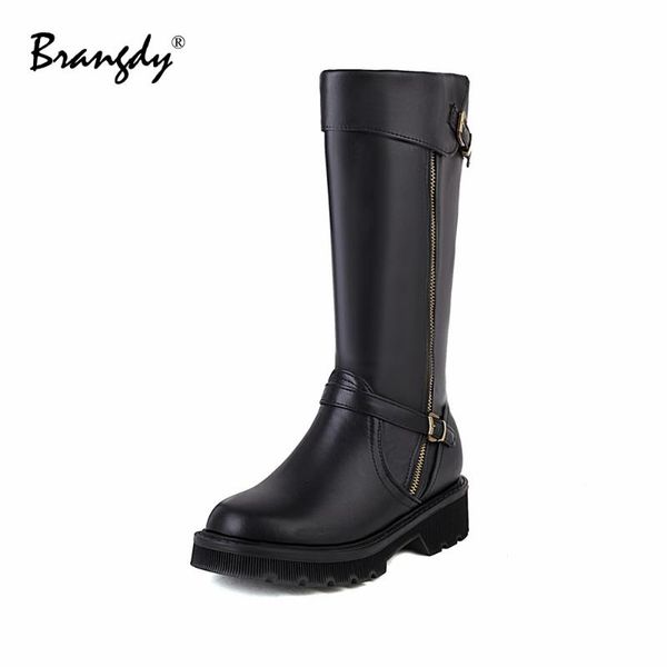 

boots brangdy women knee hight pu leather wedges metal decoration shoes round toe zipper winter brock with fur, Black