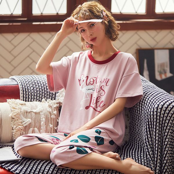 

summer cartoon pajamas set women sleepwear nightwear pijama mujer plus size 3xl loose calf-length pants nightsuit pyjamas femme dxdb, Black;red