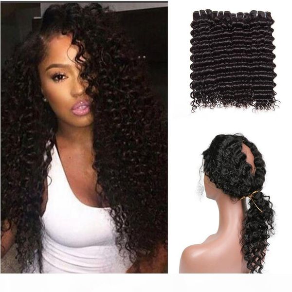 

9a deep wave 360 lace closure with bundles 22.5*4*2 full lace closure with deep curly human hair bundles vigin peruvian hair, Black;brown