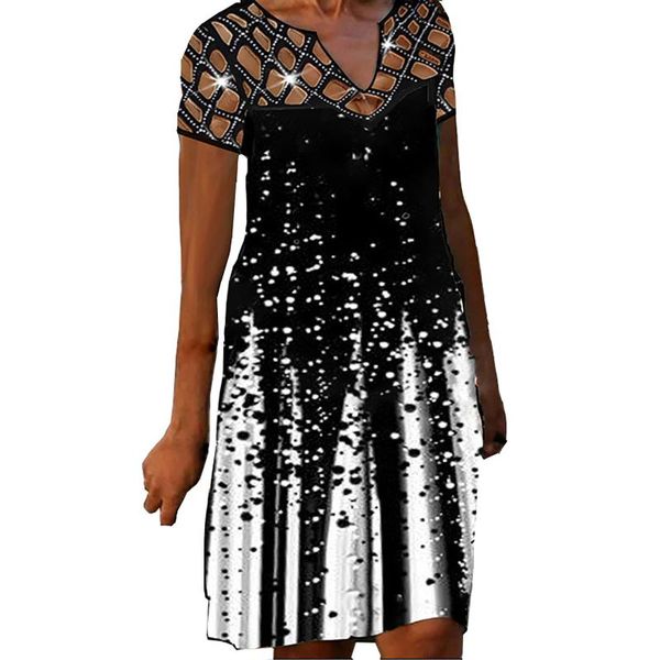 

casual dresses harajuku printed hollow dress women glitter sequined short sleeves v-neck mid-length vintage 40#, Black;gray