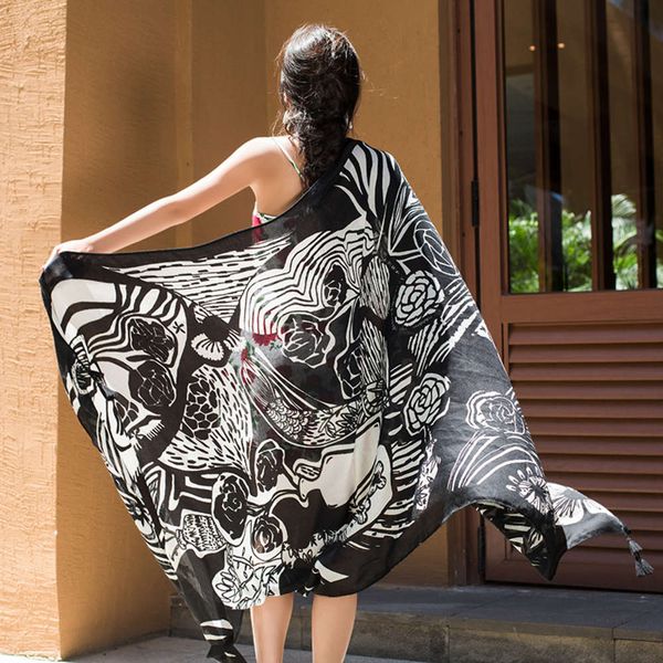 

2020 new net red thickened rose national style sunscreen shawl travel p versatile cotton and hemp scarf women, Blue;black