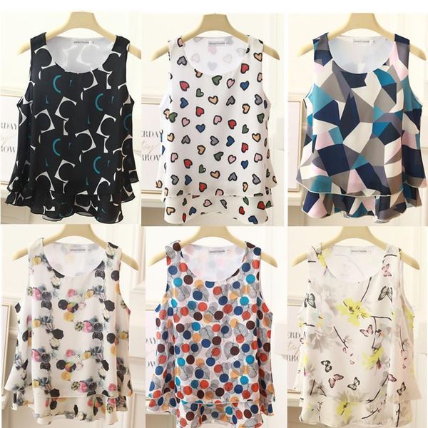

banerdanni womens blouse summer fashion regular trendy brand multicolor printing sleeveless casual chiffon shirt women drop shipping, White