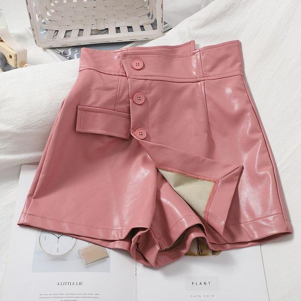 

women's shorts fitaylor spring autumn women fashion buttons irregular pu leather skirts slim casual solid high waist wide leg, White;black