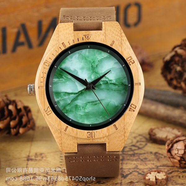 

new wooden watch bamboo wood creative marbling green dial men's, Slivery;brown