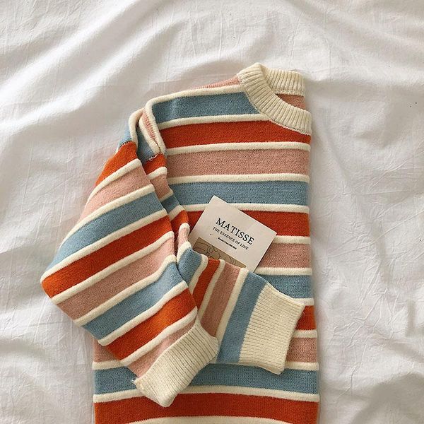 

women's sweaters women stripe sweater autumn winter loose long sleeve pullover korean ladies knitted patchwork, White;black