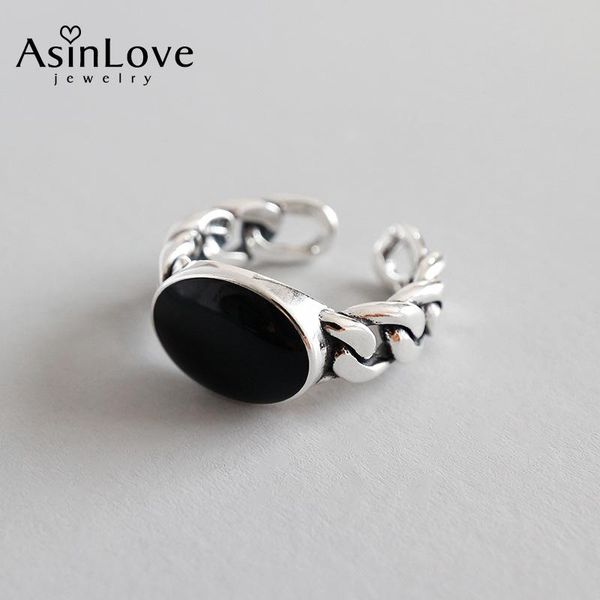 

cluster rings asinlove real 925 sterling silver retro personality black epoxy chain open finger for women creative handmade fine jewelry, Golden;silver