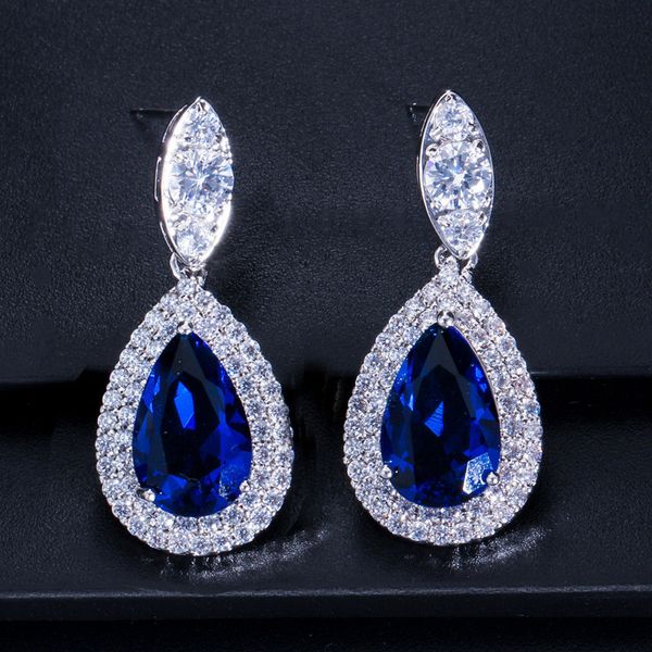 

luxury bride wedding charm designer earring long jewelry silver plated south american water drop white blue red aaa cubic zirconia copper ea, Golden