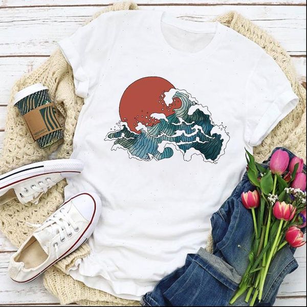 

women graphic wave beach 90s printed cute fashion summer t shirt lady womens clothing clothes tee female t shirt, White