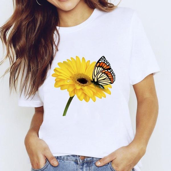 

t-shirts for women butterfly sunflower elegant 90s cartoon clothing print lady graphic t shirt ladies female tee t-shirt, White