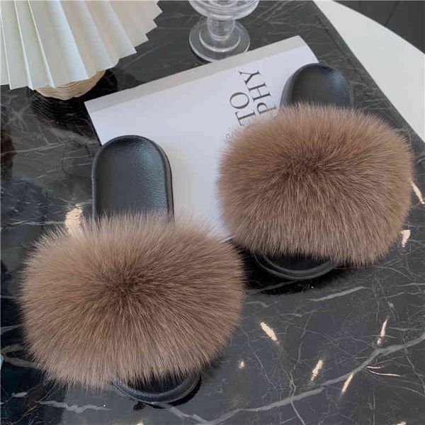 

women summer casual slippers lady flat non-slip real brand fur slippers, Black