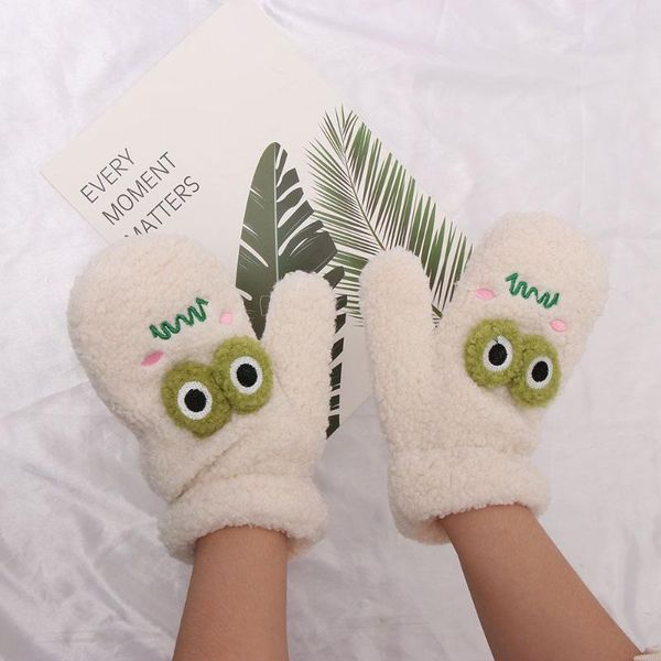 

five fingers gloves soft white color autumn winter green frog design plush hanging neck thick warm, Blue;gray