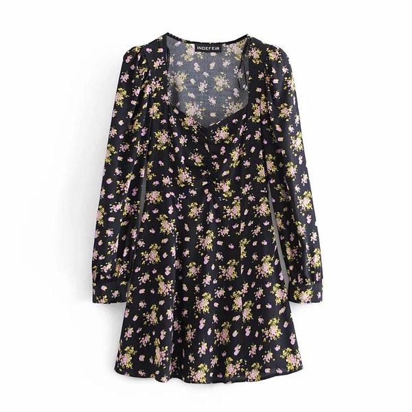 

casual dresses neehoya women 2021 chic fashion floral print pleated mini dress vintage long sleeve side zipper female vestidos mujer, Black;gray