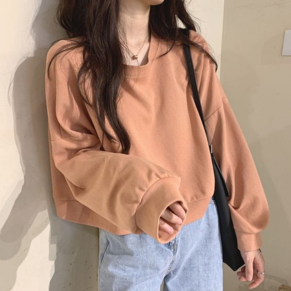 

solid color leisure student 2021 autumn new korean loose couple round neck sweater for women, Black