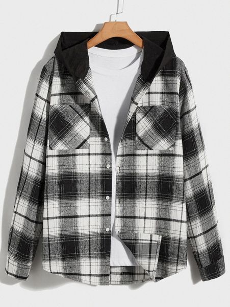 

romwe guys plaid hooded shirt without tee 40a2#, White;black