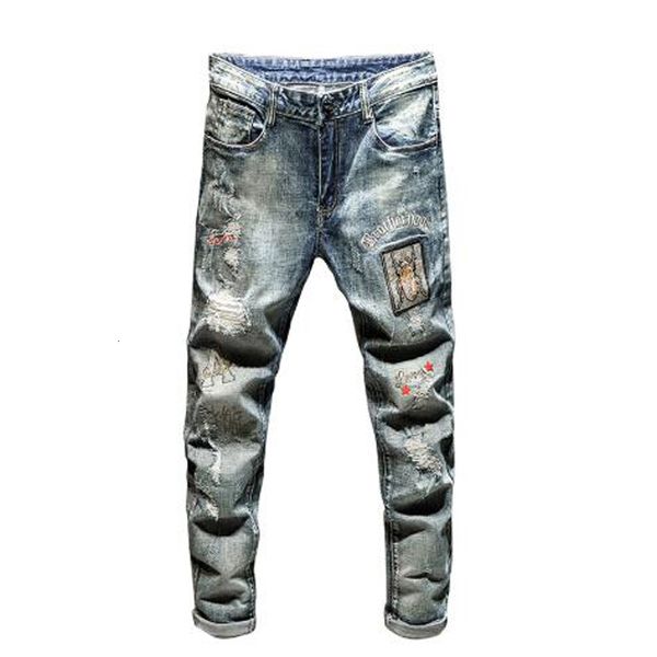 

2021 new men's male embroidery patchwork ripped jeans fashion vintage blue insect embroidered holes slim straight denim pant trousers 9