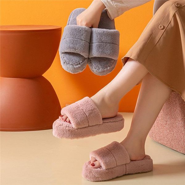 

slippers women open-toe one-line one with imitation fur ladies furry home slope-heel high-heel indoor cotton keep warm slipper, Black