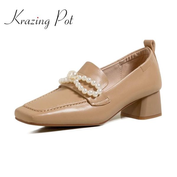 

krazing pot new full grain leather square toe med heel pearl decoration beauty lady party slip on korean street women pumps l2f5, Black