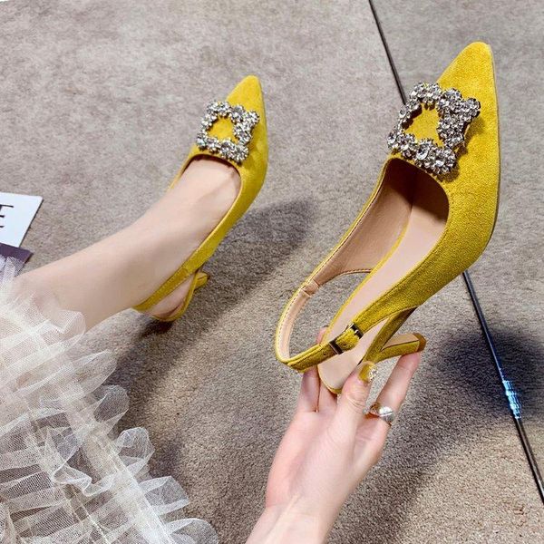 

sandals stiletto heels shoes closed toe shallow mouth buckle suit female beige 2021 summer high black rhinestone comfort str