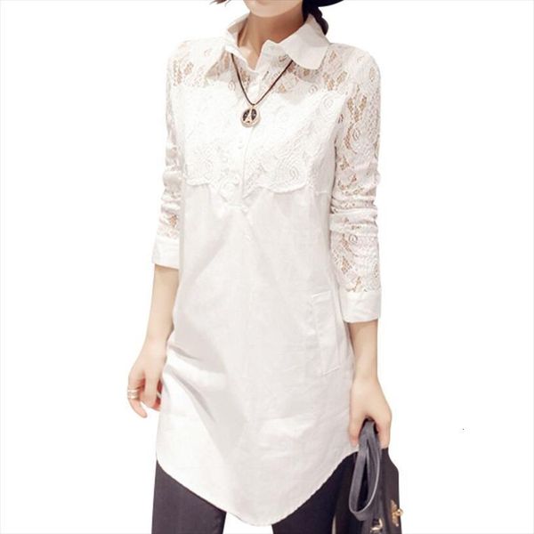 

4xl plus size women shirts fashion hollow out lace collar loose long female casual oversize white blouse