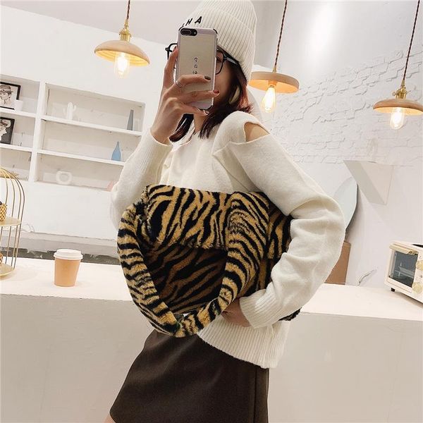 

shoulder bags faux fur women's 2021 fashion large capacity one messenger bag plush crossbody for women animal print