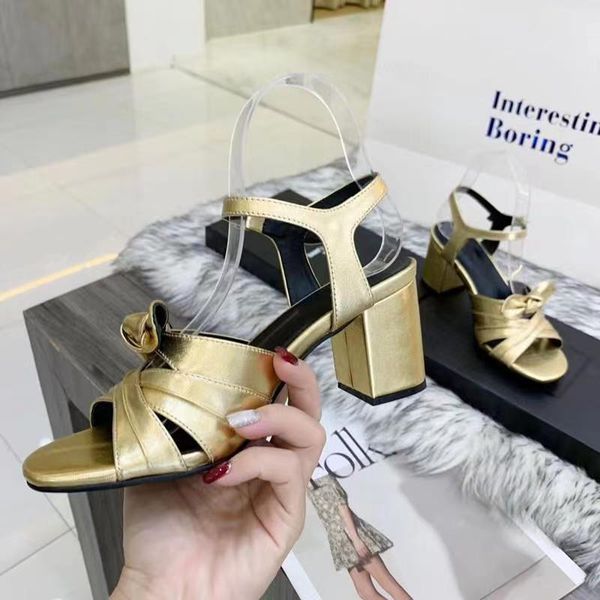 

sandals butterfly knot woemn genuine leather heels ladies party shoes sqaure ankle strap luxury designer woman shoe chic, Black