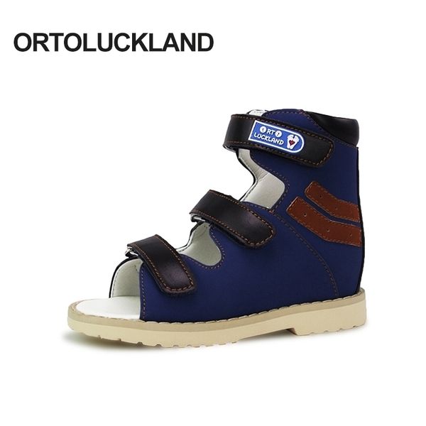 

ortoluckland baby boys summer sandals kids leather orthopedic footwear girls open toe high ankle flat foot shoes for children 210306, Black;red