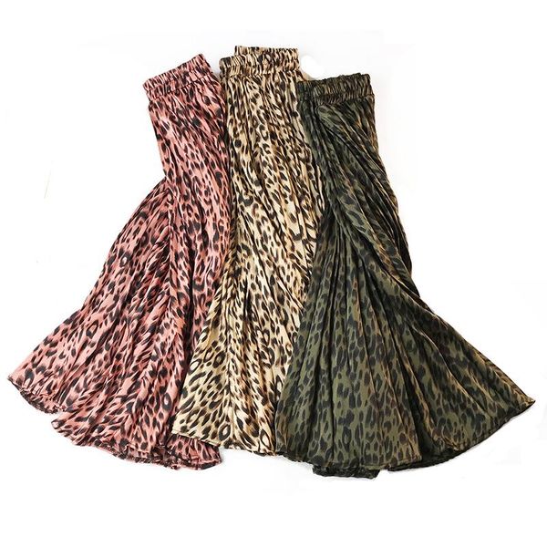 

skirts ladies leopard print pleated womens spring summer midi long skirt korean elegant high waist a-line sun female saia, Black
