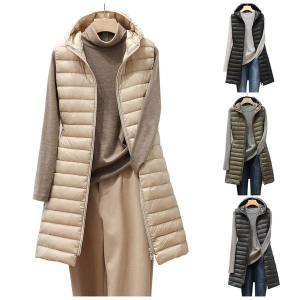 

women's vests winter women down jackets ultra light long hooded vest casual waistcoat autumn coat slim parkas, Black;white