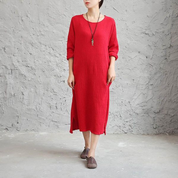 

casual dresses solid color women long sleeve vintage loose dress natural waist 2021 summer plus size o neck vestidos, Black;gray